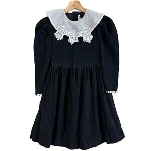 Vintage 80s Black Corduroy Dress Sarah Too Kent Crochet Lace Bib Collar Girls 8